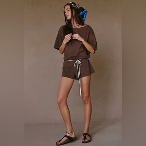 NWOT Free People Monet T-Shirt Romper Waist Self Belt Relaxed Fit Brown Sz M